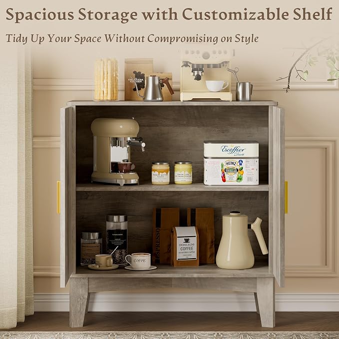 BORNOON Storage Cabinet with Doors and Adjustable Shelf, Modern Fluted Sideboard Buffet Cabinet, Freestanding Coffee Bar for Kitchen, Pantry, Entryway, Living Room (Weathered Gray)