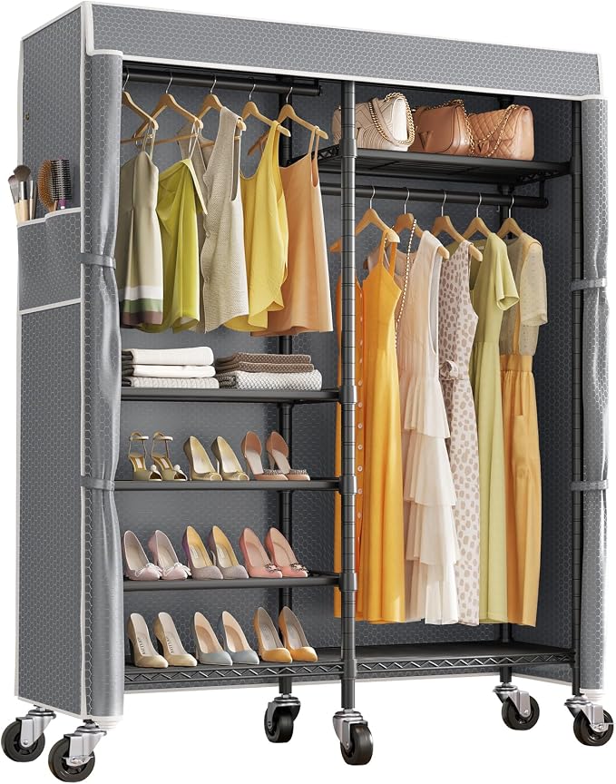 VIPKE R4C Rolling Clothes Rack with Cover, Portable Garment Rack on Wheels | Grey Zippered Polyester Cover, 360°Movable Wheels, Heavy Duty Clothing Rack with 6 Metal Wire Shelves, Max Load 620 lbs