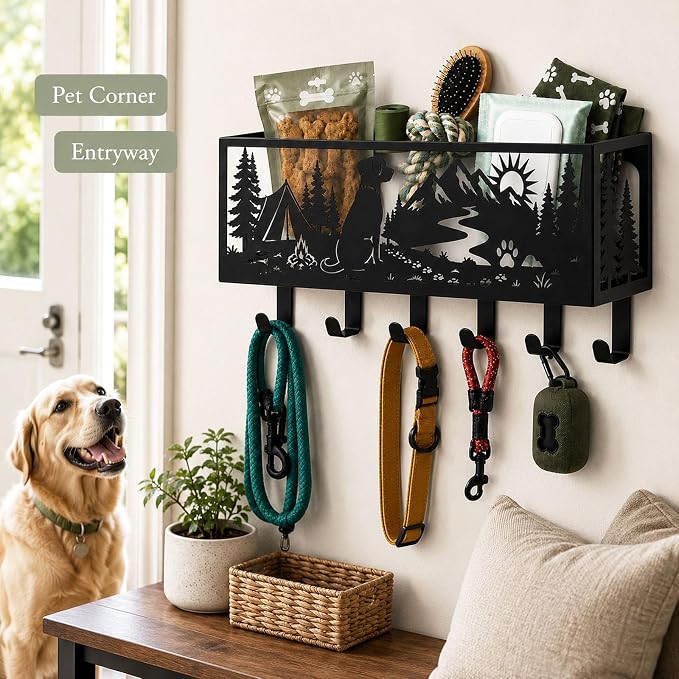 Custom Dog Leash Holder for Wall Pet Supply Organizer with Storage Basket | Custom metal dog leash holder, pet supply organizer with storage basket, wall mount hooks for entryway and dog accessories