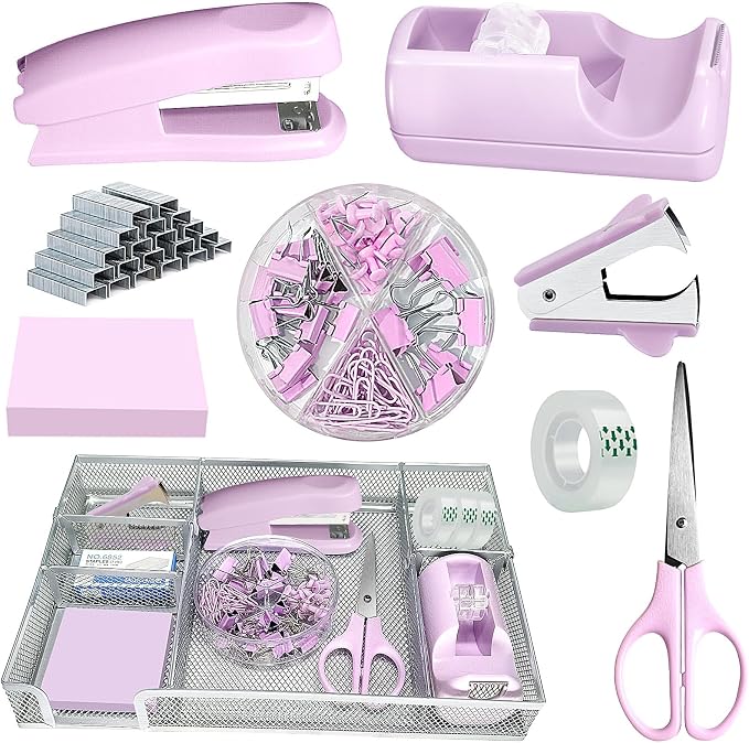 Purple Office Desk Accessories Set, Complete Supplies Kit with Organizer | Purple Office Supplies Set with Stapler, Tape Dispenser, Scissors, Clips and More for Organized Workspace