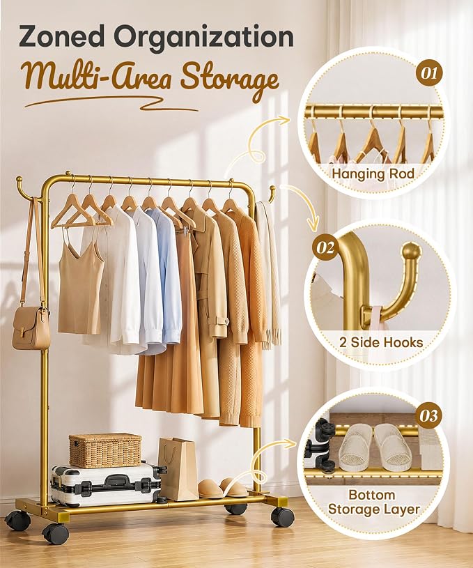 Homde Portable Clothes Rack for Bedroom: 4 Lockable Wheel Move Room-to-Room | Laundry to Closet in 1 Smooth Roll - No Heavy Lifting for Renters & Movers - 88 lbs Hanging Rod for Garment Coat to T-Shirt