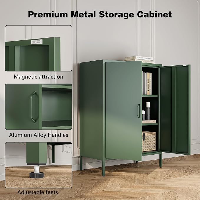 Bevivog Green Metal Locker Cabinet with 2 Doors, Metal Accent Cabinets with 2 Adjustable Shelves Home Office Storage Lockers Sideboard for Kitchen Living Room Hallway Entryway