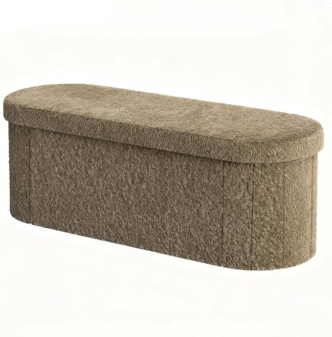 GLAXYFUR Oval Ottoman with Storage for Living Room, Sherpa Bench, Brown | 43.3 Inches Folding Chest, Foot Rest, End of Bed Bench for Bedroom, Hallway