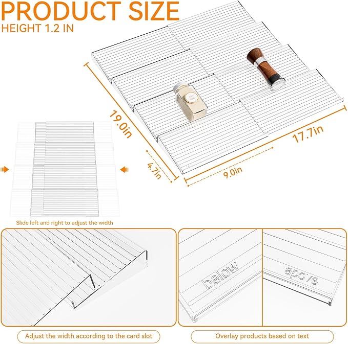 8 Pack Adjustable Narrow In Drawer Spice Organizer - Expandable From 9'' to 17.7'' - Acrylic Drawer Seasoning Organizer,Clear Spice Drawer Insert Tray for Drawers Condiment,Jar Organization