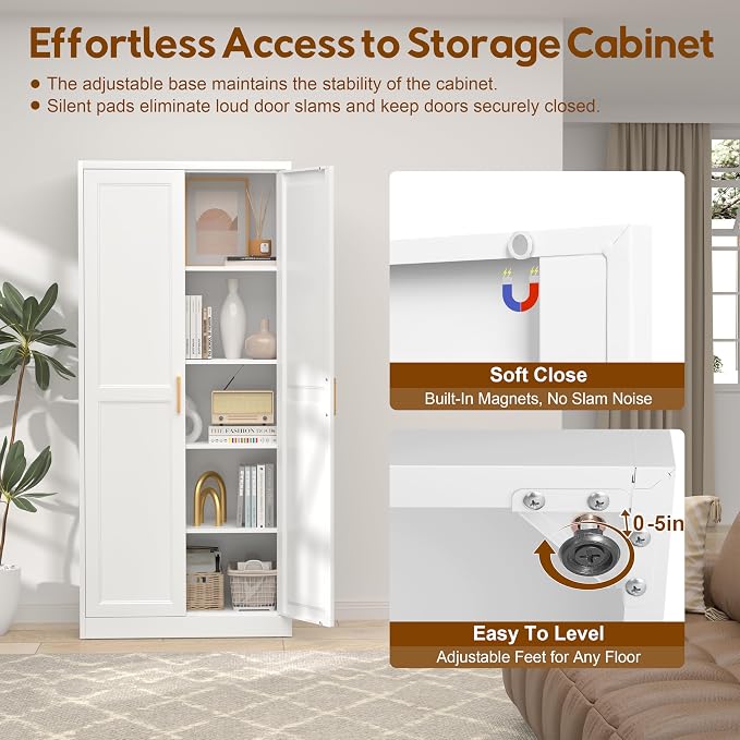 UNICOLY 71" Kitchen Pantry Cabinet, Metal Pantry Storage Cabinet with Doors | Tall Storage Cabinet with 4 Shelves, White Storage Cabinets for Kitchens, Living Room, Dinning Room, Assembly Required