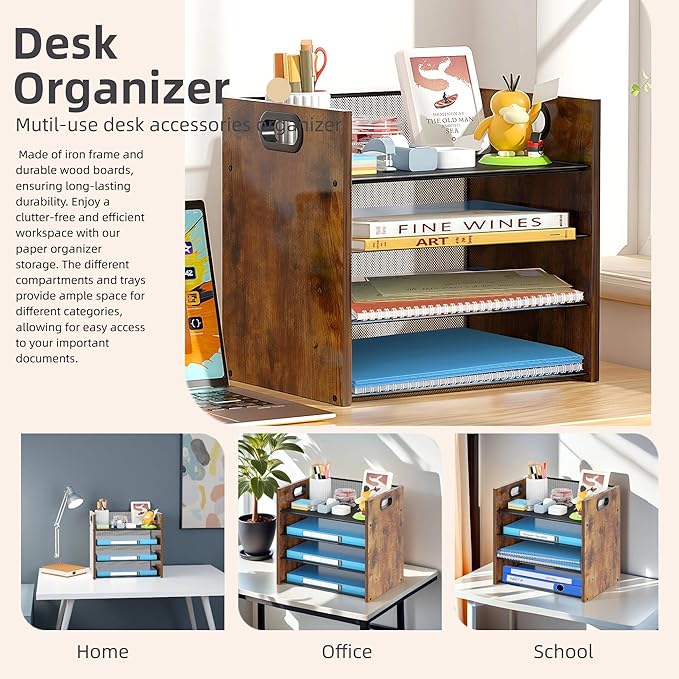 Desk Organizer, 4 Tier Desktop File Organizer and Paper Tray Organizer, Office Desk Accessories for Mail, Documents, Papers, Notebooks and Home Office Storage