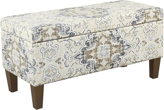 HomePop Ottomon Upholstered Rectangular Storage Ottoman Bench with Hinged Lid, Brown and Cream Large