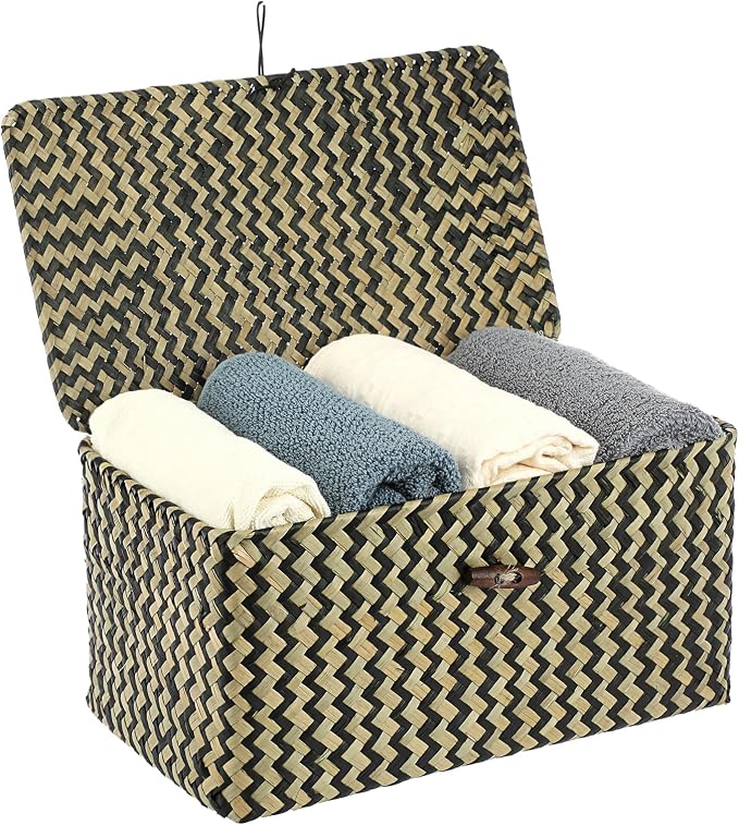 Hipiwe Wicker Shelf Baskets with Lid Seagrass Storage Baskets Handwoven Household Organizer Rectangular Woven Organizer Box for Storage Shelf Wardrobe,Medium