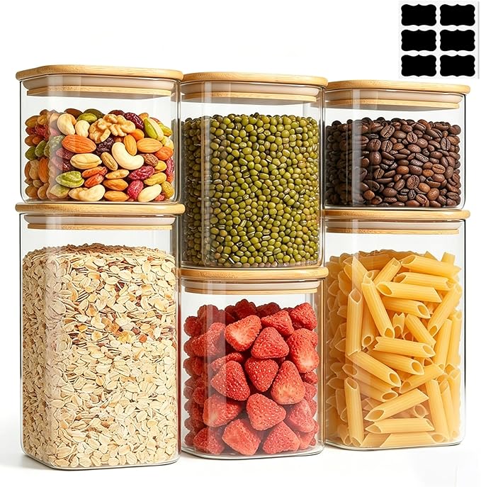 ComSaf Glass Pantry Storage Containers (0.7qt/1.2qt/1.6qt) Set of 6 Jars | Glass Storage Containers With Lids, Rectangle Glass Canisters With Airtight Lids For Kitchen, Spices, Tea, Coffee, BPA Free