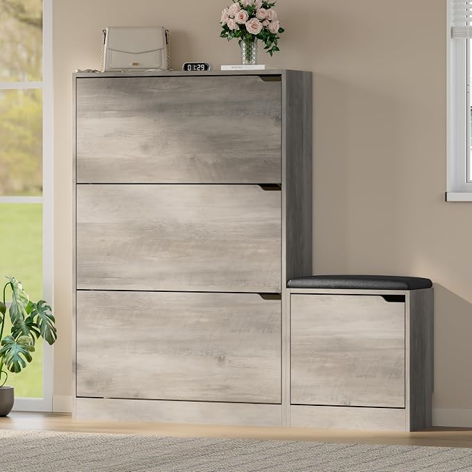 BORNOON Shoe Cabinet with Bench and 3 Flip Drawers, Slim Narrow Shoe Storage Cabinet, Freestanding Shoe Rack Organizer with Adjustable & Removable Shelves, Anti-Tip for Entryway, Hallway, Foyer