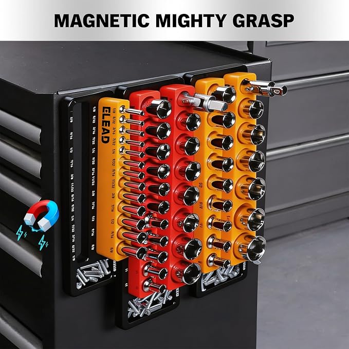 Magnetic Socket Holder Organizer Set - 6-Piece Durable 1/2, 1/4, 3/8 Inch Drive Holder, Tool Box Storage Tray for Wrench, Screwdriver, Mechanic Tools, Portable Toolbox Accessory