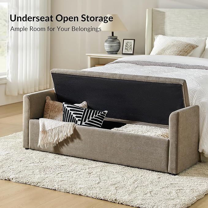 HULALA HOME 59" Storage Bench with 2 Throw Pillows & Armrests, Brown | Modern Long Bedroom Bench for End of Bed, Comfy Upholstered Fabric Footstool for Entryway Living Room