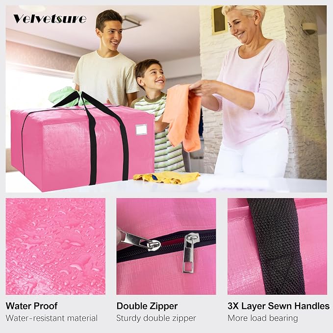 VELVETSURE 12 Pack Heavy Duty Large Moving Bags W/Backpack Straps - Strong Handles & Zippers, Storage Totes For Space Saving, Fold Flat, Alternative to Moving Box and Storage Bin, Pink