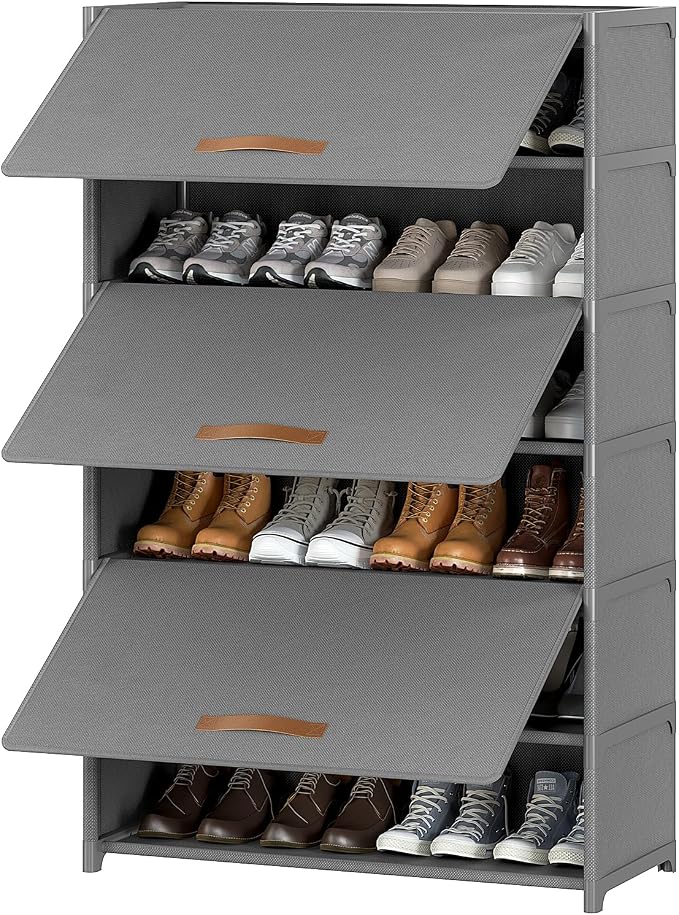 7 Tier Shoe Cabinet with Door, 28-Pair Storage, Grey | Tall design saves floor space. Door blocks dust & pets. Holds heels to boots. Quick assembly with connectors.