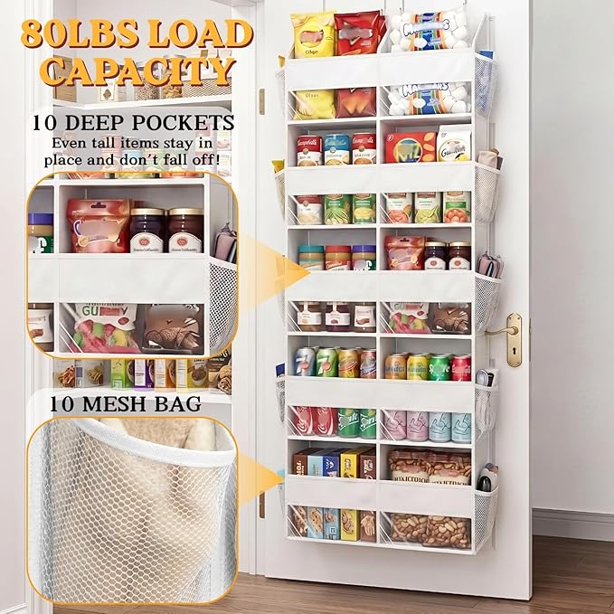 Over The Door Organizer 5 Tiers, Extra Large Behind Door Storage of 10 Compartments, 80 lbs Weight Capacity Hanging Storage Organizer with Clear Window Kids Toys, Shoes,Diapers, Room Storage, White