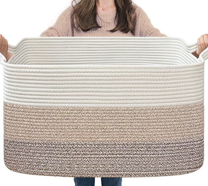 Goodpick Large Woven Storage Basket, Rectangle Storaget, Light Brown | 21.6 x 14.9 x 11.8 in, Cotton Rope, Living Room, Bedroom & Nursery Organization, Toys, Blankets & Clothes Storage