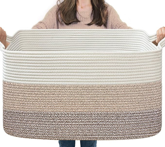 Goodpick Large Woven Storage Basket, Rectangle Storaget, Light Brown | 21.6 x 14.9 x 11.8 in, Cotton Rope, Living Room, Bedroom & Nursery Organization, Toys, Blankets & Clothes Storage