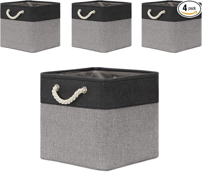 Temary Baskets 4 Pack Fabric Storage Cube Storage Baskets 13x13x13 Storage Cube Bins for Shelves with Handles, Basket for Organizing (Black&Gray)