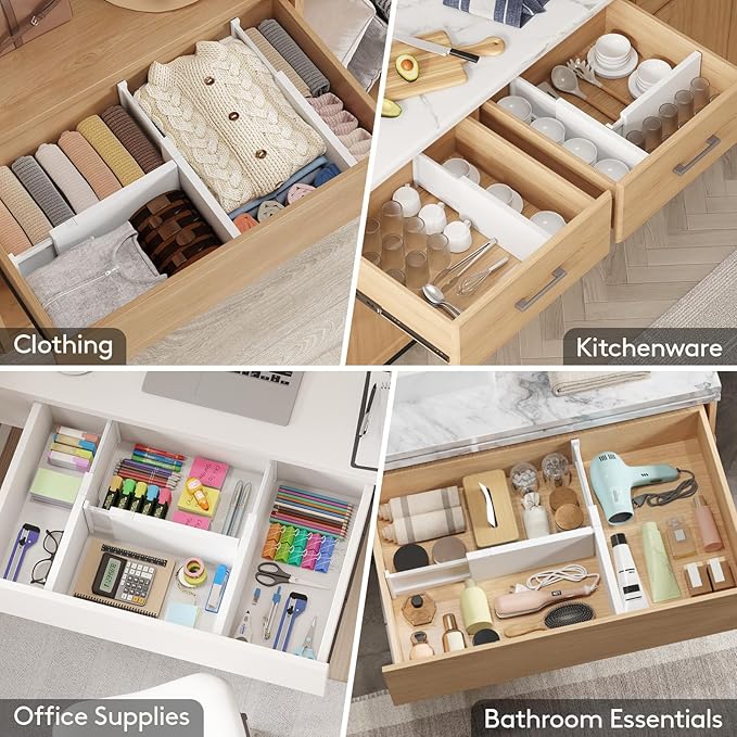 Lifewit 14 Pack 6" High Drawer Dividers 34-56cm/13.5-22" Adjustable Drawer Organizer for Clothes/Utensils, Expandable Drawer Separator in Dresser/Kitchen/Bedroom/Office Organization & Storage White