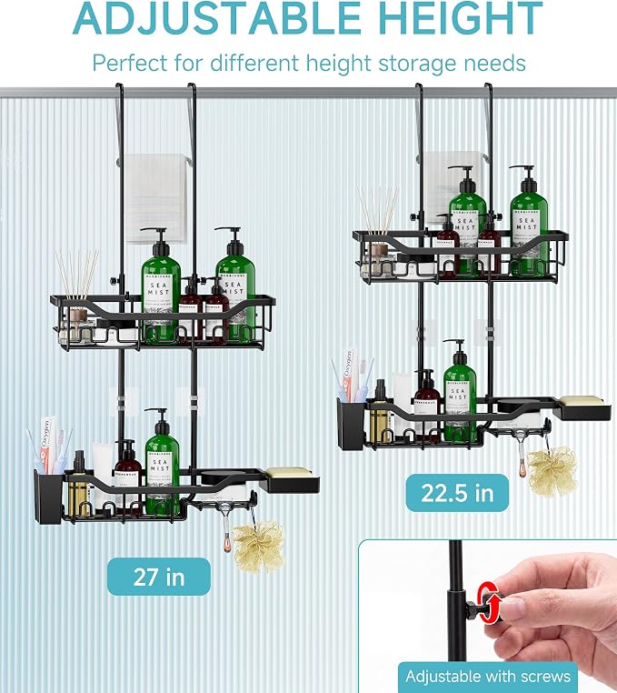 Shower Caddy Hanging Over the Door, Upgraded Extended Length Shower Organizer, Rustproof Bathroom Rack with Hooks Soap Holder
