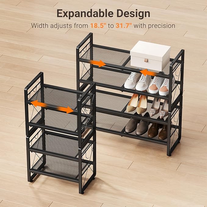 ELYKEN Expandable Shoe Rack for Closet, 4-Tier Metal Black Shoe Organizer | Adjustable Height Shoe Shelf for Boots, Heels, with 8 Hooks, Stackable Shoe Stand Holder for Entryway, Garage, Door Entrance