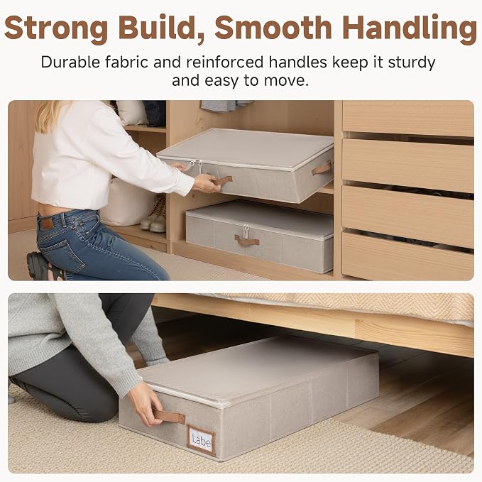 StorageWorks Underbed Storage Containers with Lids, 2-Pack 6" Low Profile Under Bed Organizers for Clothes, Bedding and Sweaters, 53L Large Fabric Storage Bins, Foldable Space Saving, Taupe