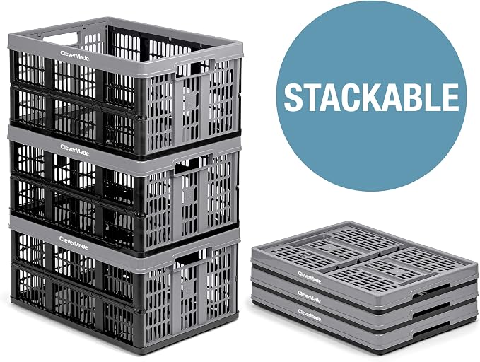 CleverMade Collapsible Utility Crates - Red 1pck 45L / 11 Gal holds 66 lbs - Stackable Containers Heavy Duty Capacity Crates Space-Saving Baskets