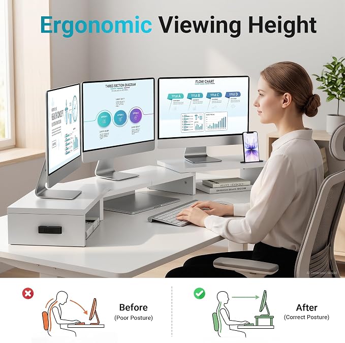 BONTEC Triple Monitor Stand Riser with Smartphone Holder, White | Adjustable Length & Swivel Angle, Ergonomic Wooden Desktop Organizer for PC Monitor, Laptop, Printer, Large Storage, 53.3 in