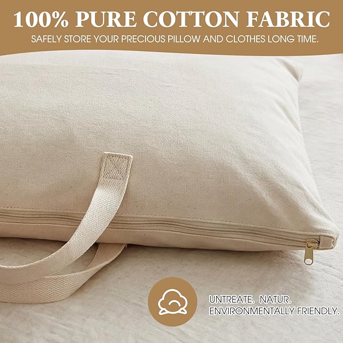 2 Pack Travel Pillow and Blanket Bags, 100% Cotton Canvas Pillow Storage Bag with Handles for Airplane Home, Heavy Duty Breathable Organizer for Bedding Linens, Pillow Bag for Traveling(2,20"x30")