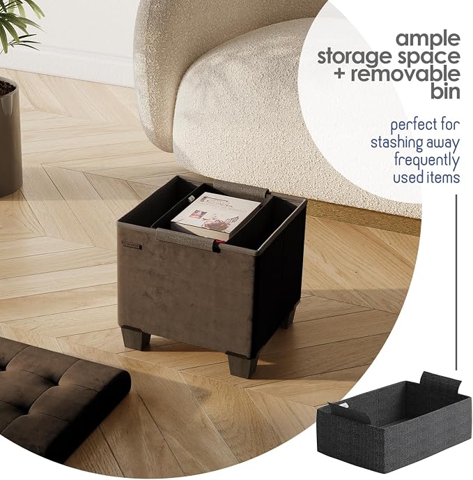 Storage Ottoman Cube with Small Bin, 15-in Square Ottoman with Storage for Living Room and Bedroom, Small Ottomans Foot Rest, Velvet Foot Stools Ottomans Max 330lbs, Brown