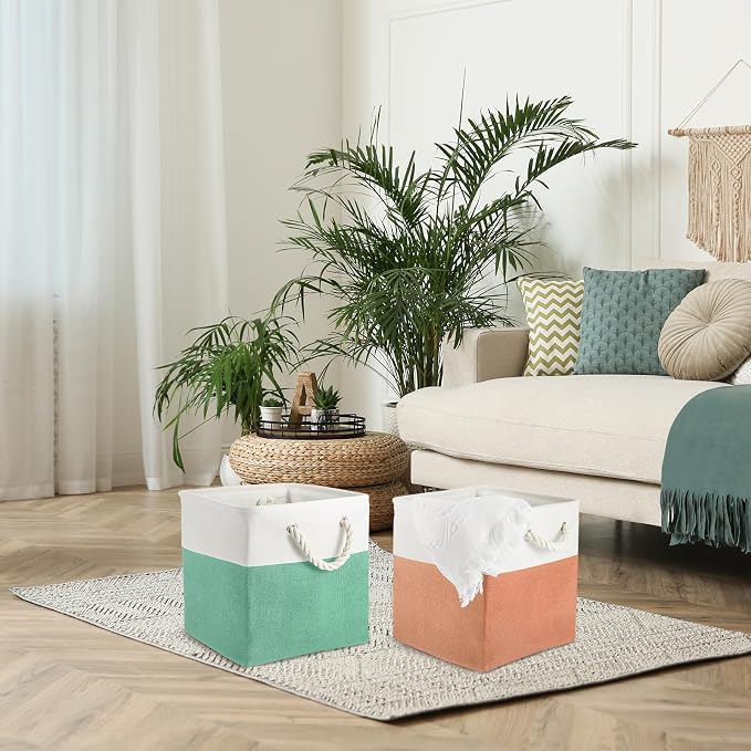 Geiserailie 6 Pcs 13 x 13 Inch Cube Storage Bins Fabric Storage Organizer Bins Foldable Cube Baskets with Sturdy Carry Handles Wicker Baskets for Home (Macaron Color)
