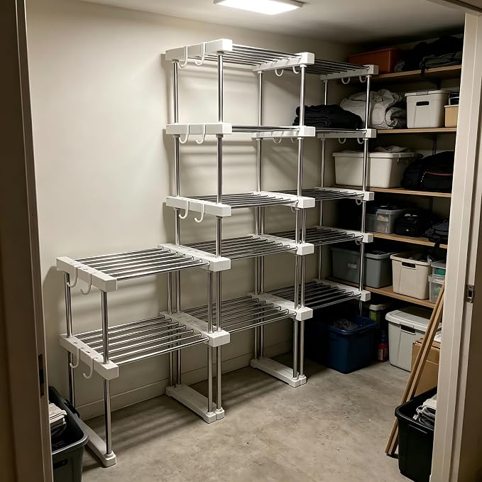 BLULEE Expandable Under Sink Organizer, No-Drill Adjustable Shelf | Custom fit around pipes cabinet rack for bathroom vanity and kitchen pantry, supporting heavy laundry supplies.