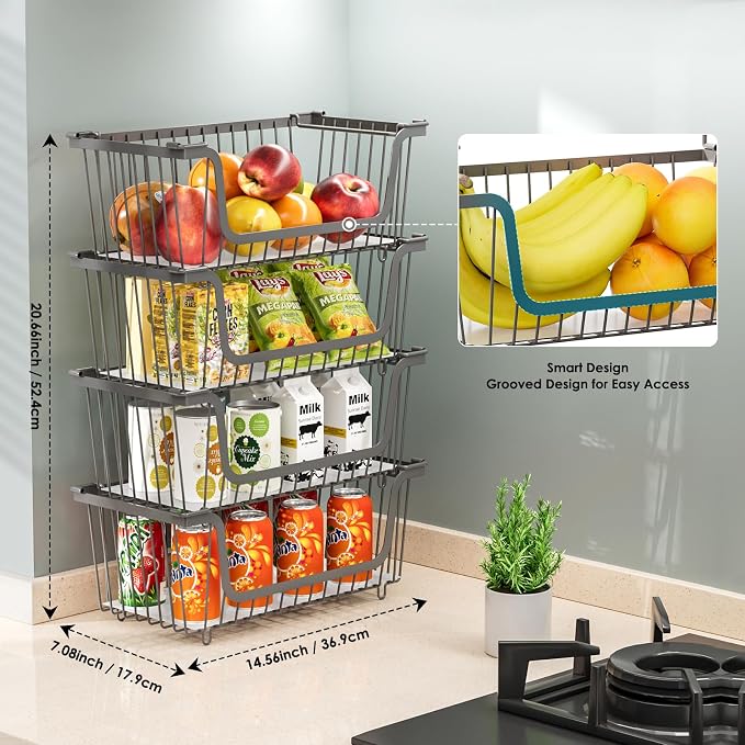 GAOKASE 4 Pcs Stackable Wire Baskets for Pantry Organizers and Storage, | Vegetable Fruit Basket for Countertop,Kitchen Storage Metal Baskets,Produce Potato Onion Storage Bin,Gray