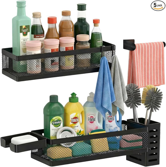 PUSDON 5-in-1 Wide Wall Mount Wrapped Mesh Kitchen Organizer & Shower Caddy Kit, with Paper Towel Holder, Utensil Holder, Soap Dish, Heavy Duty 50LBS - Matte Black, Netting
