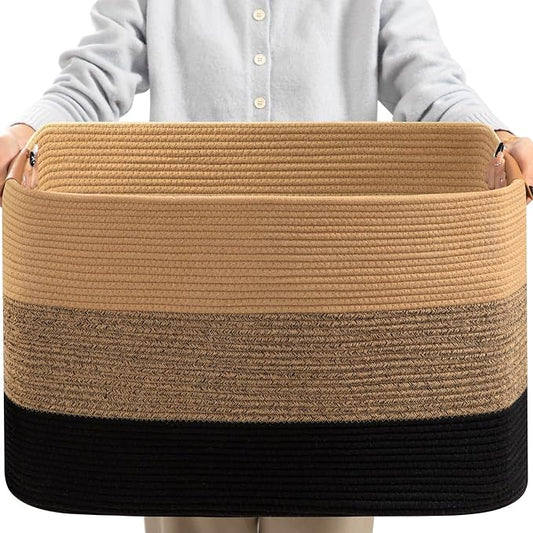 danpinera Large Woven Basket, 108L Large Blanket Basket for Living Room, Nursery, Cotton Woven Hamper for Toy Organizing & Laundry, 25’’*16’’*16’’ Gradient Linen