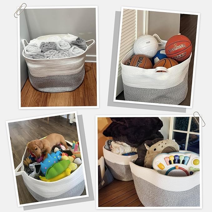 INDRESSME XXXLarge Woven Rope Blanket Basket Living Room Light Grey, 90L | 21.7" x 13.8" Storage baskets for toys laundry & pillows. Fits living room, bedroom or nursery décor. Soft-touch with handles