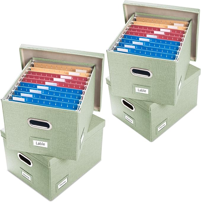 File Organizer Box - Set of 4 Collapsible Decorative Linen Filing Storage Hanging File Folders with Lids Office Cabinet Letter/Legal Size Green 17.1x14x11.1 inch