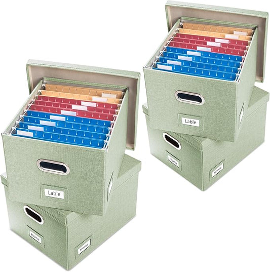 File Organizer Box - Set of 4 Collapsible Decorative Linen Filing Storage Hanging File Folders with Lids Office Cabinet Letter/Legal Size Green 17.1x14x11.1 inch