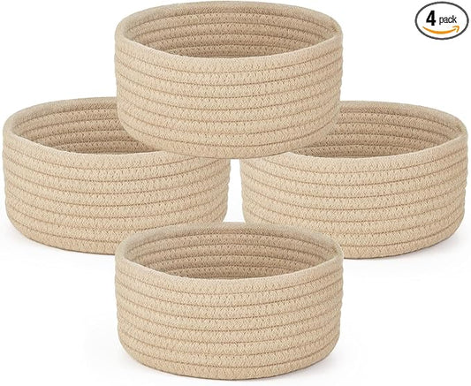 Dahey 4 Pcs Mini Woven Baskets Set, Small Cotton Rope Storage Bins for Organizing, Cute Tiny Round Decorative Baskets for Gifts, Living Room Bathroom Home Decor, 7.09" W x 3.15" H, Beige