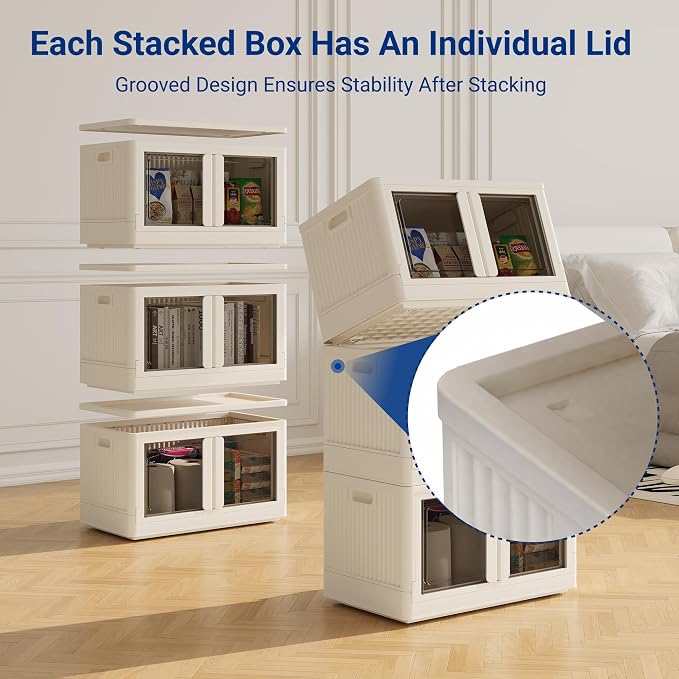 FLEXIMOUNTS 228 QT Stackable Plastic Storage Bins With Lids, Milky White | Collapsible Foldable Storage Bins with Front Doors and Built-in Wheels, Organizers and Storage for Home, Dorm, 3 Pack Cubes
