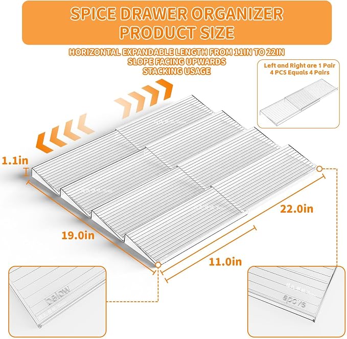 8 Pack Adjustable In Drawer Spice Organizer - Expandable From 11'' to 22'' - Acrylic Drawer Seasoning Organizer,Clear Spice Organization Tray for Cabinet Drawers Condiment,Nail Polish and Jar