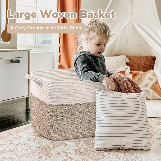 Goodpick Extra Large Cotton Rope Basket, Rectangle, White & Light Brown | 85L, 23.6 x 15.7 x 13.8 in, Handles, Blankets, Toys & Dirty Clothes Storage, Living Room, Nursery & Bedroom Organization
