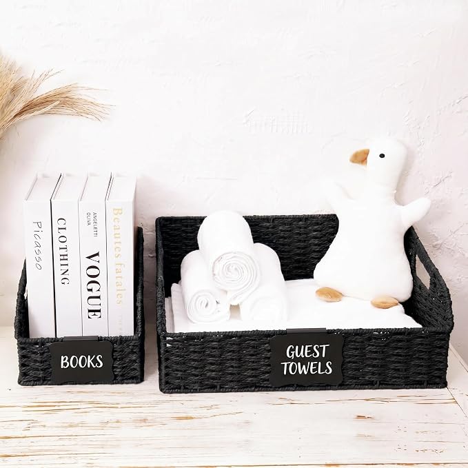 Pantry Organizers, Handwoven Large Wicker Baskets for Shelves, Labeled Storage Baskets for Organizing with Handles - Paper Storage Bins, Boho Decorative, 3 Pack, Black
