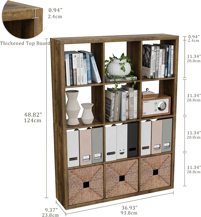 VDNEND Cube Storage Organizer Bookcase, Decorative 11 inch Open Back Cubical Shelf with Thickened Border, Display Bookshelf for Living Room, Home Office, Sturdy Room (Brown, 12 Cube)