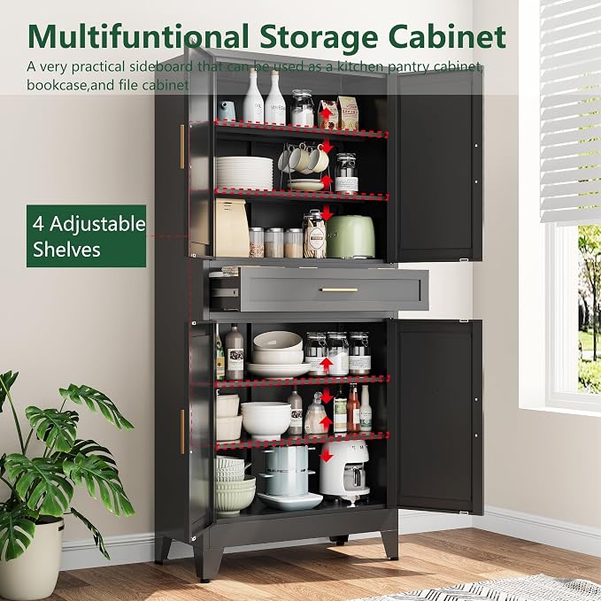 Bevivog 71" Kitchen Pantry Cabinet, Metal Storage Cabinet with Drawer, 2 Doors and 4 Adjustable Shelves Cabinet for Home Office Laundry Living Room Farmhouse Black Metal Pantry
