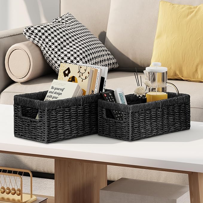 Wicker Storage Basket, Set of 2 Hand-Woven Paper Rope Wicker Baskets for Organizing Decor Storage Bins for Counter Shelves Pantry Basket Small Toilet Paper Basket for Toilet Tank Top, Black