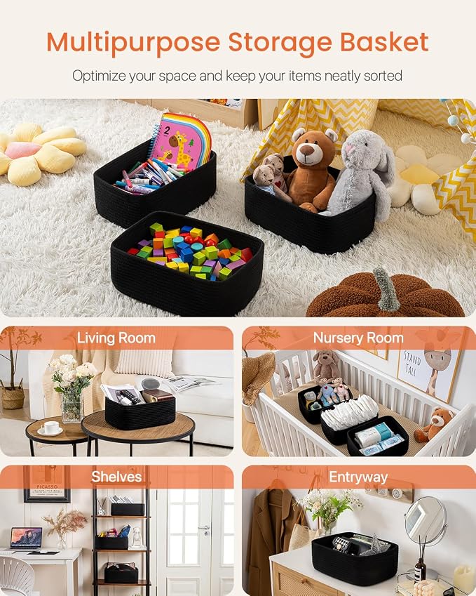 KALLAX Small Woven Storage Basket for Organizing, 13.5x9.5x5 inches, 3 Pack | Shelf baskets for closet organization, toy storage and home decor, Perfect as empty gift baskets for holidays, Black