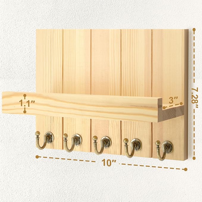 Rebee Vision Key Holder Wall Mount with 5 Hooks for Entryway, Original Wood | 3.54 x 10 x 7.28 Inches, Pine Wood Build, Farmhouse Key Holder for Wall, Mail and Letter Storage, Compact Space-Saving Design