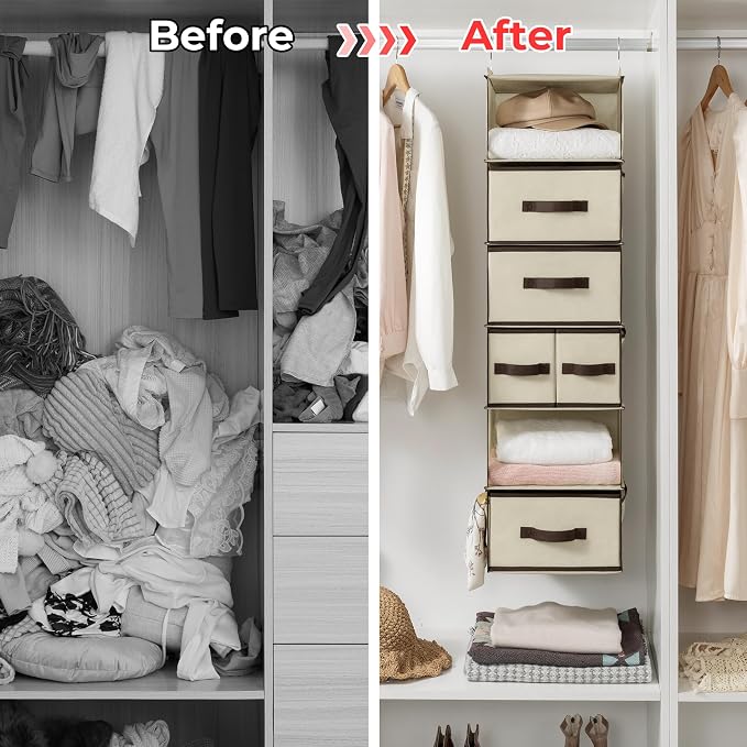 GRANNY SAYS Hanging Closet Organizers and Storage 6 Shelves, Closet Hanging Organizer with 5 Drawers, 6 Side Pockets Hanging Storage Organizer, Portable Clothes Organizer for Closet, Beige