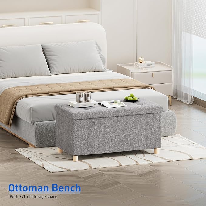 BRIAN & DANY 30 Inches Folding Storage Ottoman Bench, Ottoman with Storage Bench for Bedroom, Living Room, Entryway, Foot Rest with Legs, Light Gray
